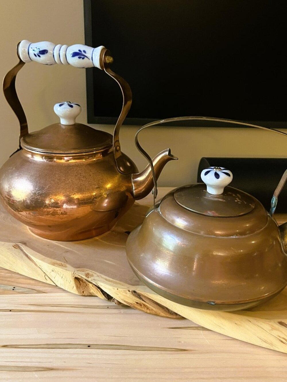 Set of Vintage Copper metal tea pots with Delft Blue ceramic handle rustic farm